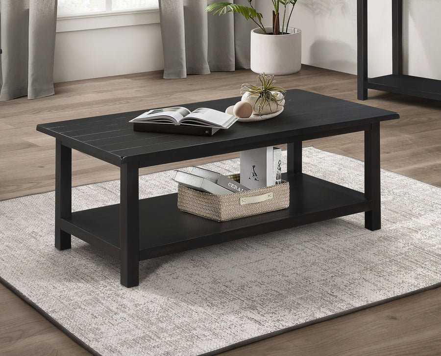 Payne Coffee Table, End Tables & Console - Rustic Farmhouse Distressed Java with Open Shelves