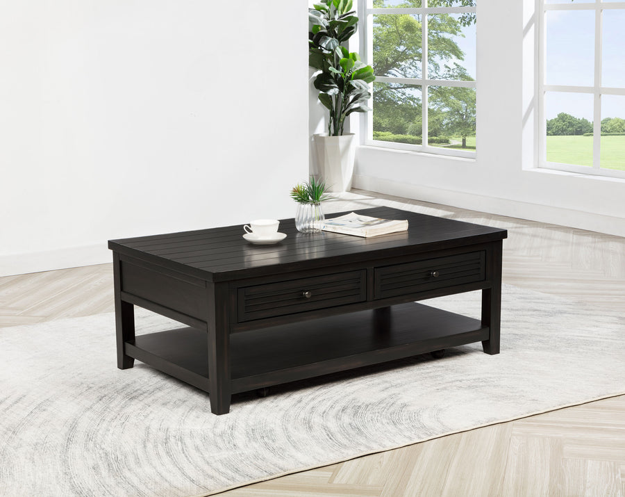 Concord Coffee Table & End Table - Distressed Java Planked Top with Louvered Drawers