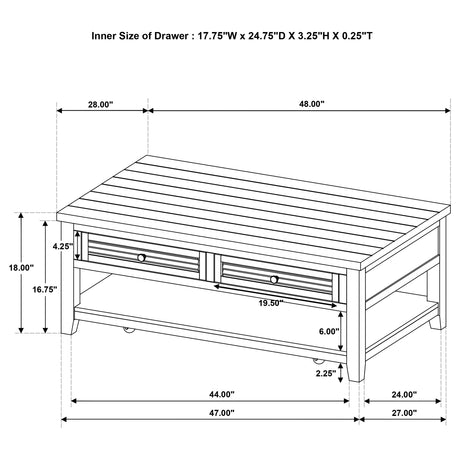 Concord Coffee Table & End Table - Distressed Java Planked Top with Louvered Drawers – view 13