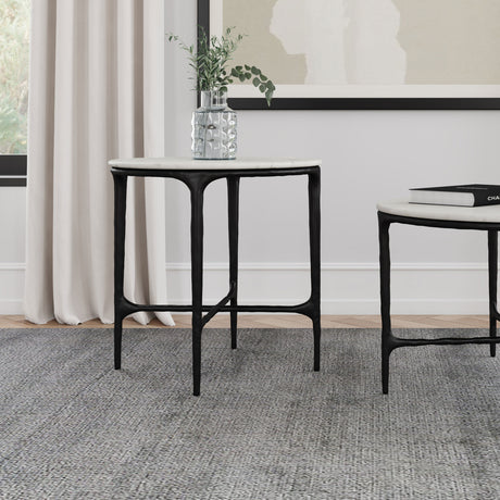 Hermas Round Genuine Marble Coffee & End Table Sets - White Marble Tops on Textured Black Metal – view 12