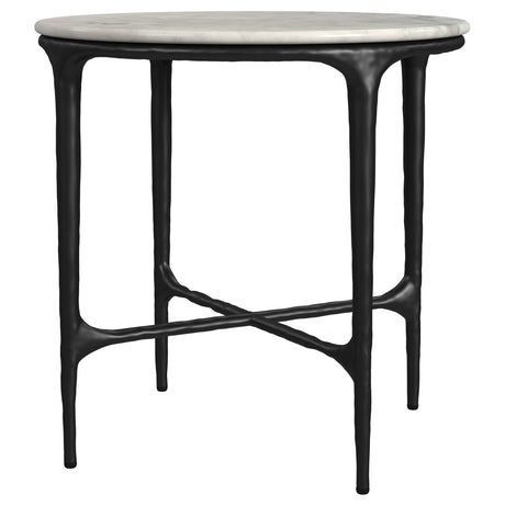 Hermas Round Genuine Marble Coffee & End Table Sets - White Marble Tops on Textured Black Metal – view 14