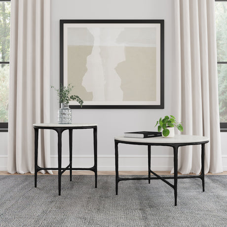 Hermas Round Genuine Marble Coffee & End Table Sets - White Marble Tops on Textured Black Metal – view 18
