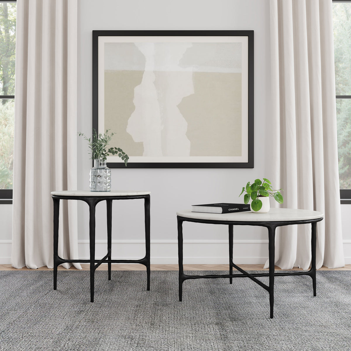Hermas Round Genuine Marble Coffee & End Table Sets - 2pcs- Coffee Table + End Table