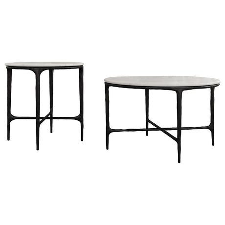 Hermas Round Genuine Marble Coffee & End Table Sets - White Marble Tops on Textured Black Metal – view 19