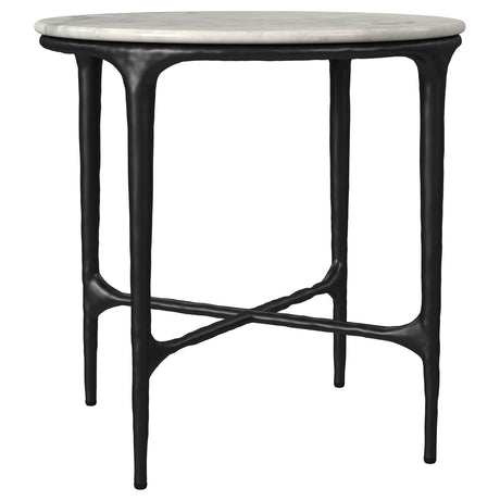 Hermas Round Genuine Marble Coffee & End Table Sets - White Marble Tops on Textured Black Metal – view 20