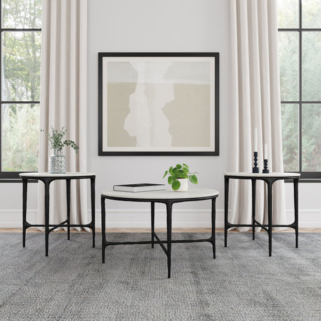 Hermas Round Genuine Marble Coffee & End Table Sets - 3pcs- Coffee Table + 2 End Tables