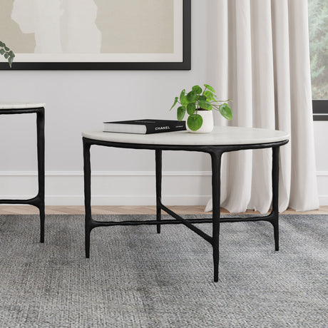 Hermas Round Genuine Marble Coffee & End Table Sets - White Marble Tops on Textured Black Metal – view 1