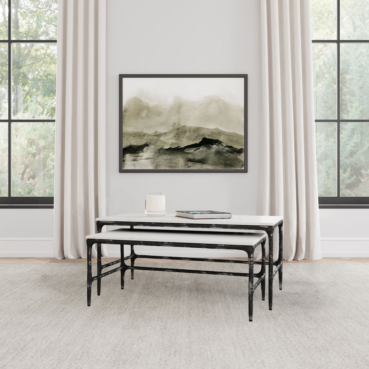 Ebby 2-Piece Nesting Coffee Tables - Genuine White Marble Tops on Antique Black Iron Frames – view 1