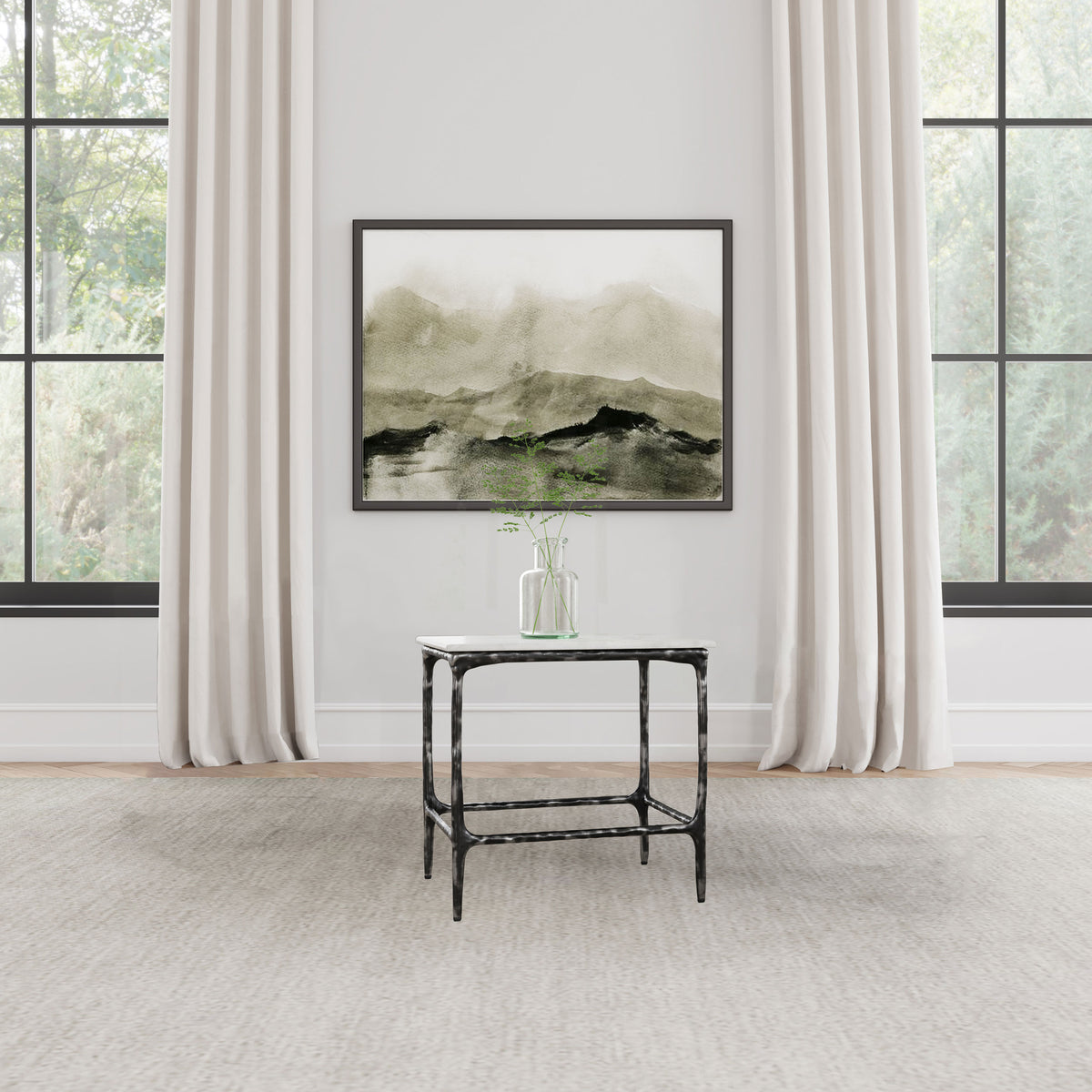 Ebby Square End Table - Genuine White Marble Top on Antique Black Iron Frame – view 1