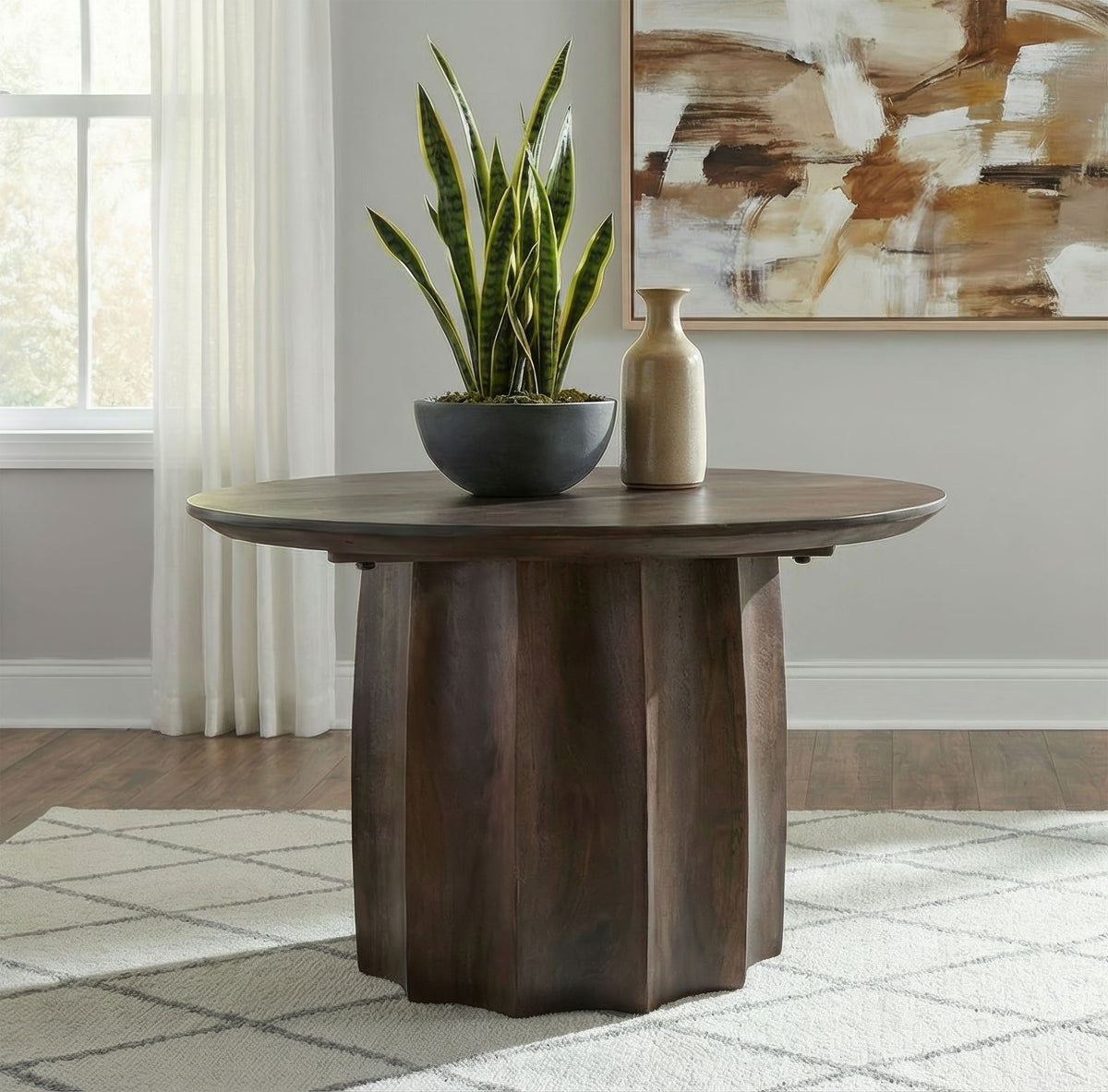 Cayenne Round Coffee Table & End Table Sets - Sculpted Pedestal Base in Solid Mango Wood, Walnut – view 1