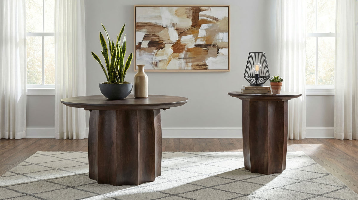 Cayenne Round Coffee Table & End Table Sets - Sculpted Pedestal Base in Solid Mango Wood, Walnut – view 11