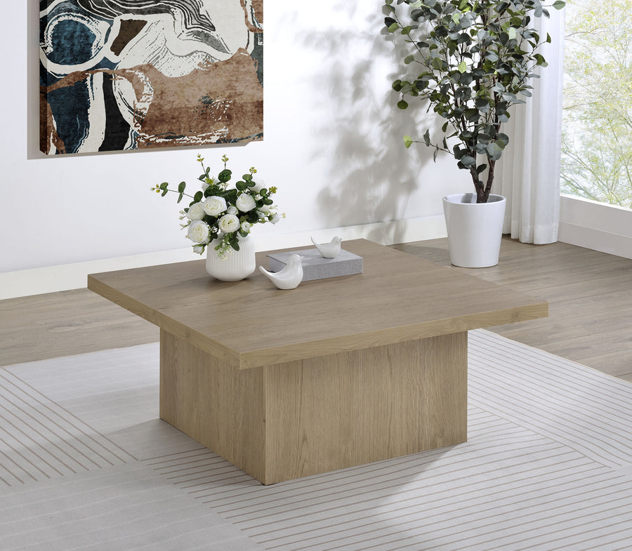 Devar Square Cocktail Coffee Table & End Table Sets - Thick Block Profile in Latte Wood Grain