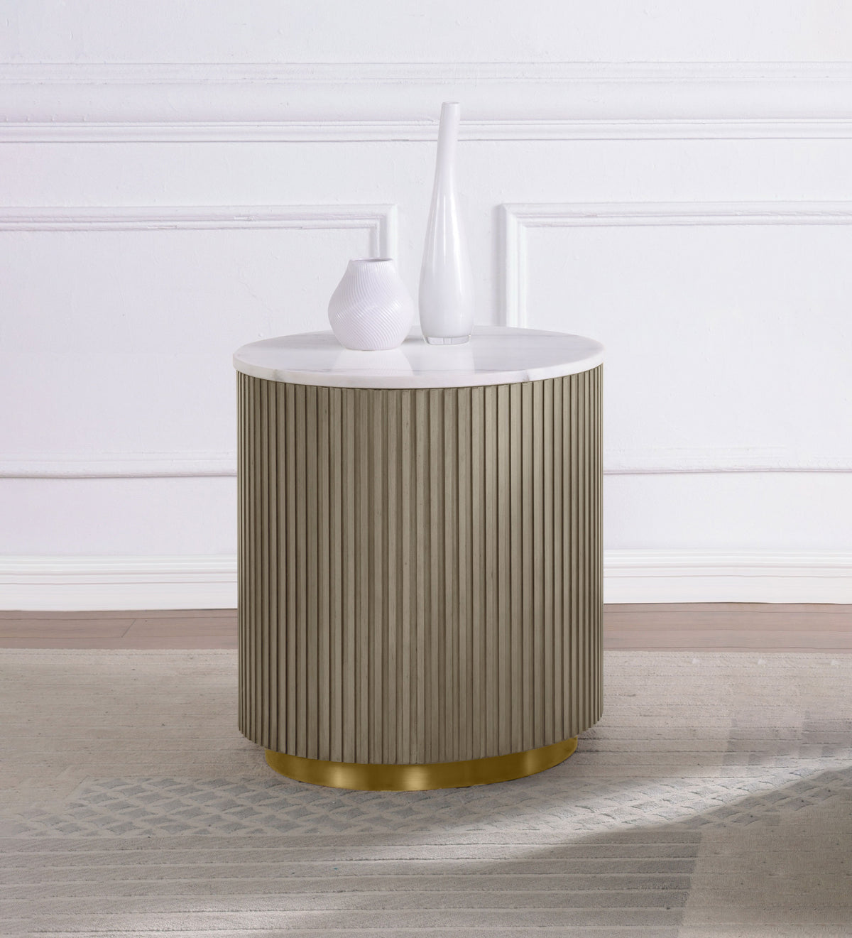 Jason Round White Marble Top Coffee Table & End Table Sets - Reeded Drum Base in Greige with Gold Ring – view 12