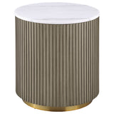 Jason Round White Marble Top Coffee Table & End Table Sets - Reeded Drum Base in Greige with Gold Ring – view 20