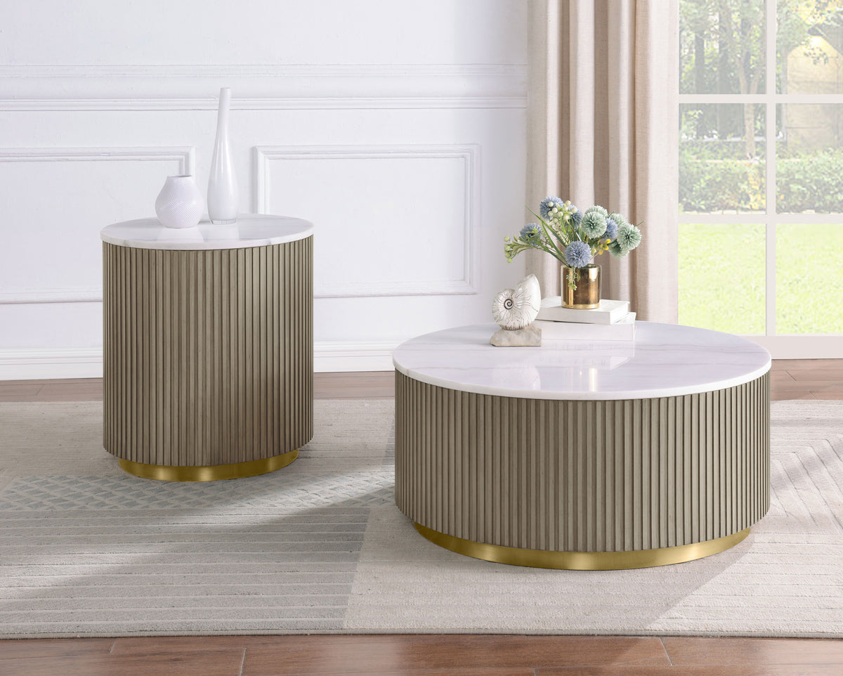 Jason Round White Marble Top Coffee Table & End Table Sets - Reeded Drum Base in Greige with Gold Ring – view 10