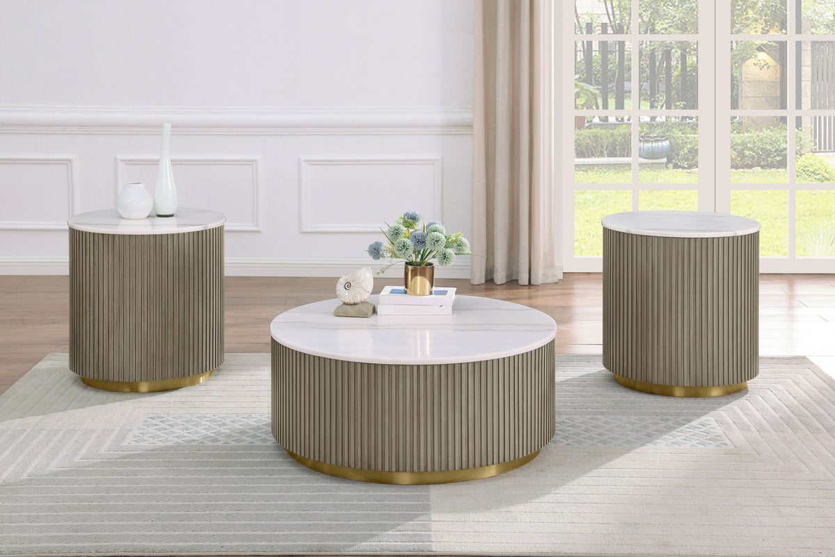 Jason Round White Marble Top Coffee Table & End Table Sets - Reeded Drum Base in Greige with Gold Ring – view 11