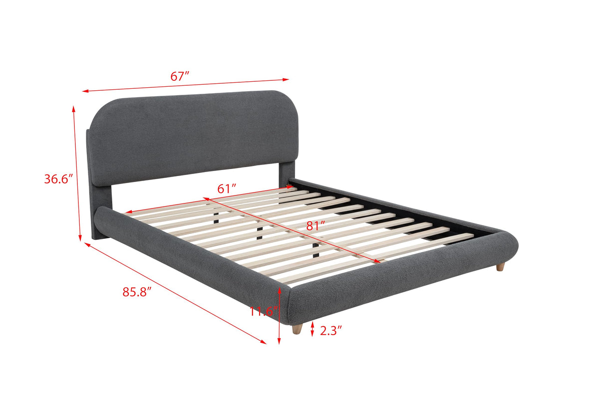 Cteris Queen Fleece Upholstered Bed Frame, Curved Side Rails and Footboard in Grey - side view