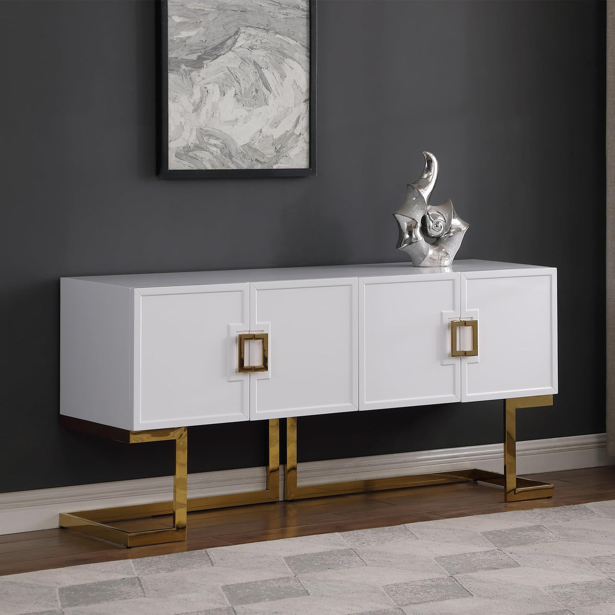 Tommy Contemporary High Gloss Lacquer Sideboard/Buffet with Gold Handles in White - front view