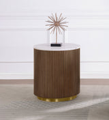 Jason Round White Marble Coffee Table & End Table - Reeded Honey Brown Drum Base with Gold Ring – view 2