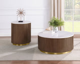 Jason Round White Marble Coffee Table & End Table - Reeded Honey Brown Drum Base with Gold Ring – view 17