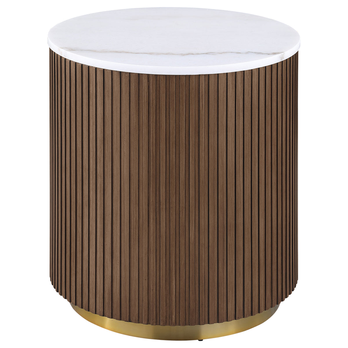 Jason Round White Marble Coffee Table & End Table - Reeded Honey Brown Drum Base with Gold Ring – view 20