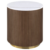 Jason Round White Marble Coffee Table & End Table - Reeded Honey Brown Drum Base with Gold Ring – view 20