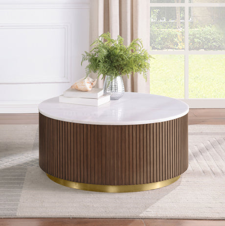 Jason Round White Marble Coffee Table & End Table - Reeded Honey Brown Drum Base with Gold Ring – view 1