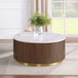Jason Round White Marble Coffee Table & End Table - Reeded Honey Brown Drum Base with Gold Ring – view 1