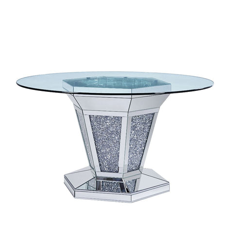 Noralie Round Glass Dining Table - Mirrored Pedestal with Faux Diamond Inlay