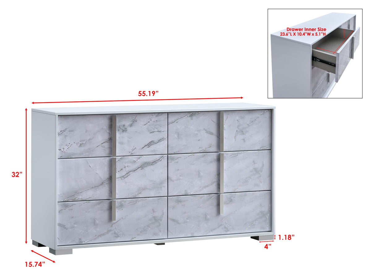 Luna 55.5" Wide 6-Drawer Double Dresser, White Lacquered Gloss - front view