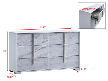 Luna 55.5" Wide 6-Drawer Double Dresser, White Lacquered Gloss - front view