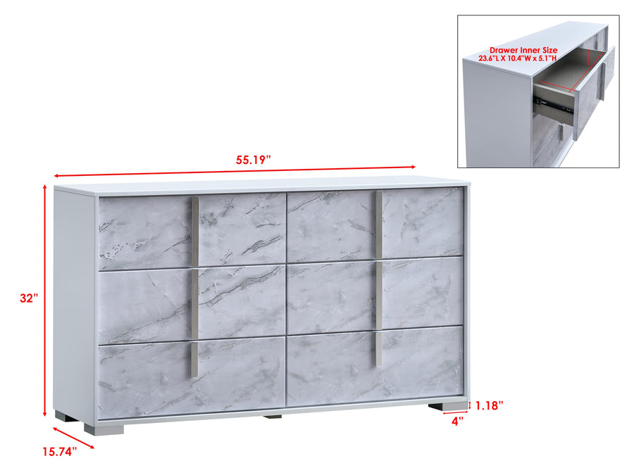 Luna 55.5" Wide 6-Drawer Double Dresser, White Lacquered Gloss
