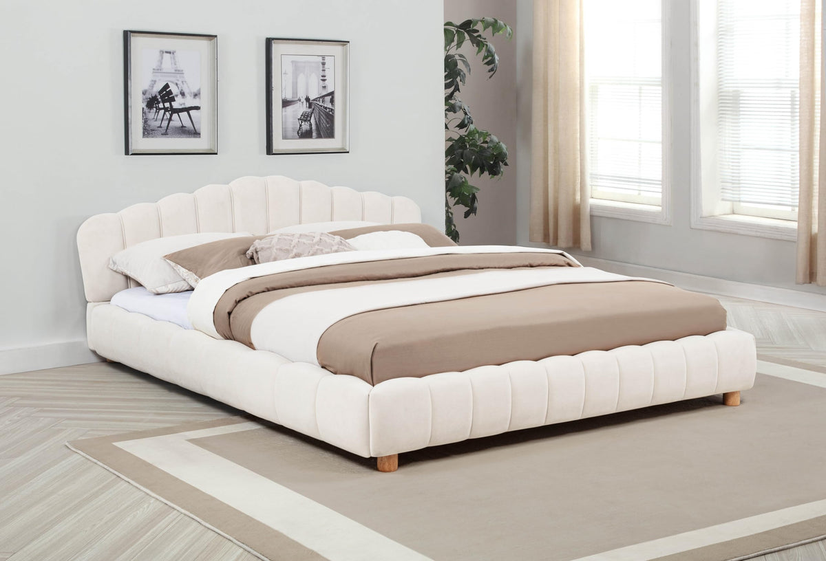 Ctera Queen Velvet Bed Frame with 30" Shell-Shaped Headboard, Low Profile in Cream - front view