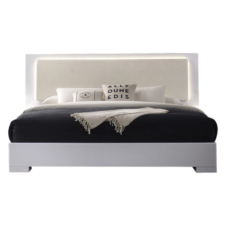 Athen Modern Platform Bed with LED Headboard Lighting, Eastern King, Faux Leather Padded Headboard in White