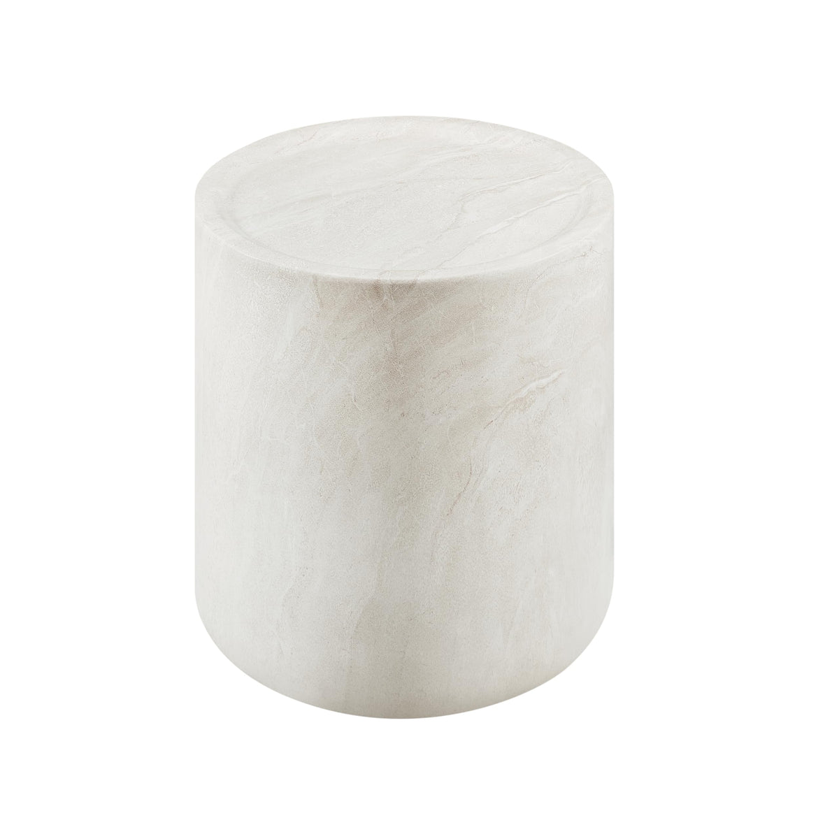 Vyn 18" Round End Table Concrete Travertine Finish, Modern Organic Drum Side Table in Cloud - room setting