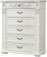 A white five-drawer dresser with ornate silver metal drawer pulls and decorative carved details on the top drawer front and side pillars, shown against a plain white background.