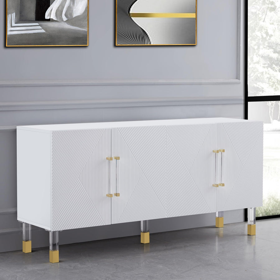 Quinn Contemporary Lacquer Sideboard, with Storage Acrylic/Gold Handles and Legs in White