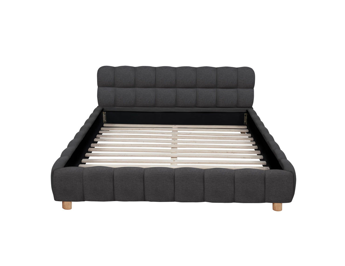 Ctoria Queen Burlap Bed Frame with 30" Curved Block-Style Headboard, Low Profile in Grey - detail view