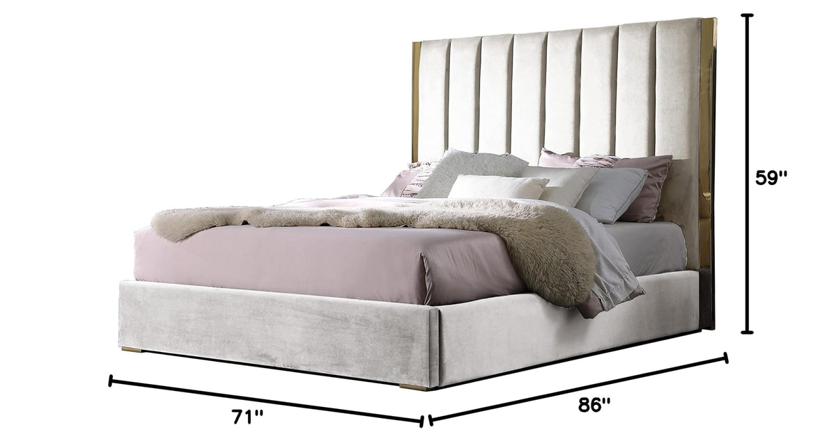 Jalen Modern Velvet Upholstered Platform Bed Frame, Queen, Glam Contemporary Design (Beige - side view