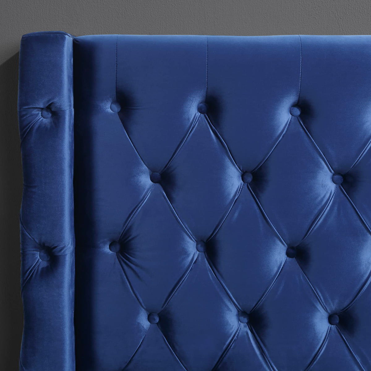 Oakdale Navy King Platform Bed with Tufted Velvet - detail view