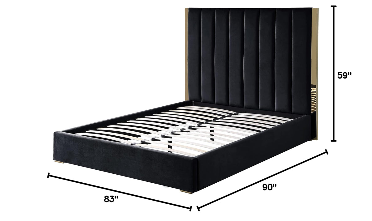 Jalen Modern Velvet Upholstered Platform Bed Frame, California King, Glam Contemporary Design (Black - side view