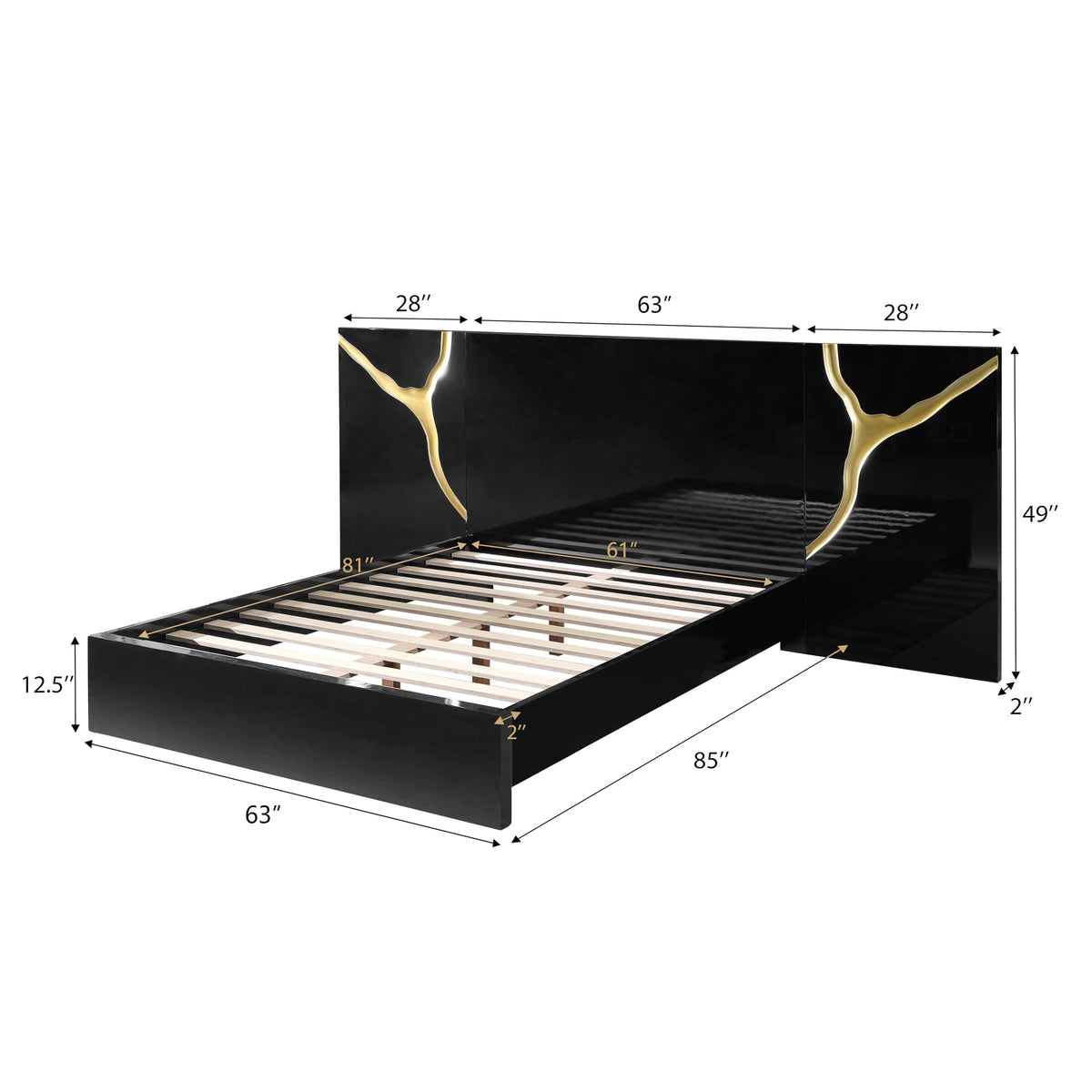 Trevello Modern Lacquered High Gloss Queen Bed Frame, Expansive Headboard with Optional Connected… - side view