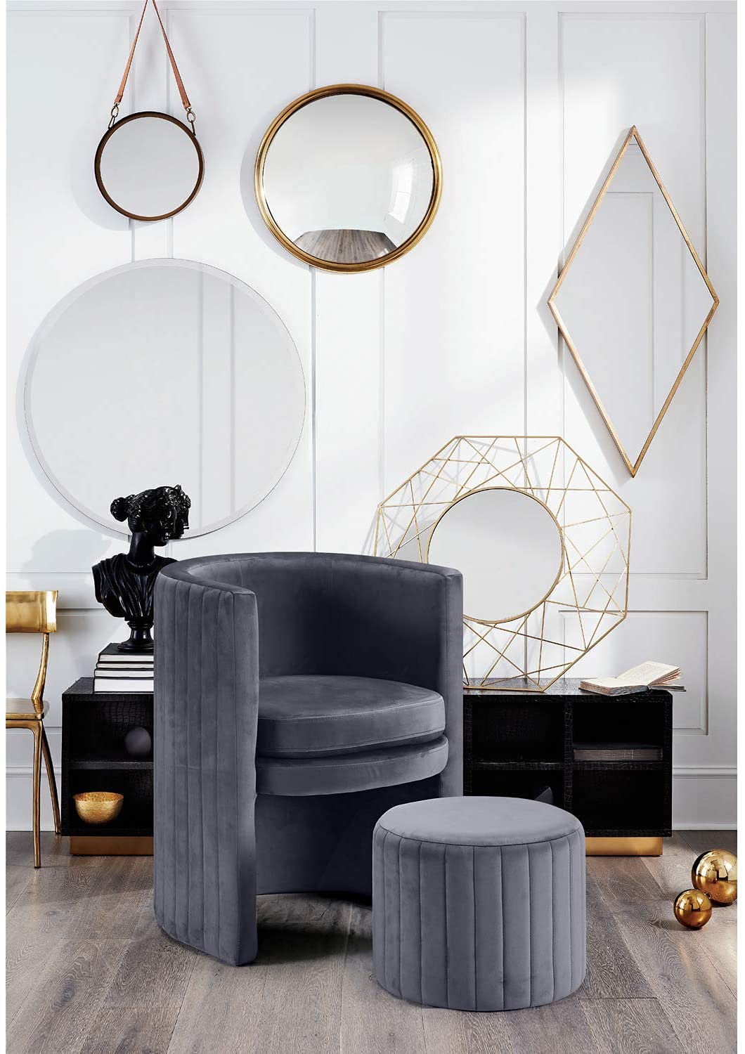 Seager Gray Velvet Round Arm Chair with Ottoman - side view