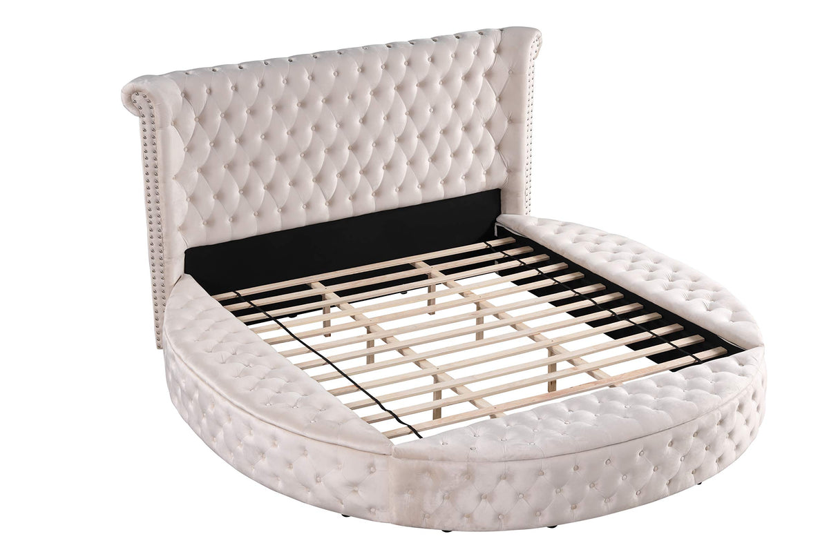 Lexi Round Upholstered Velvet Platform Bed Frame, California King, Beige - detail view