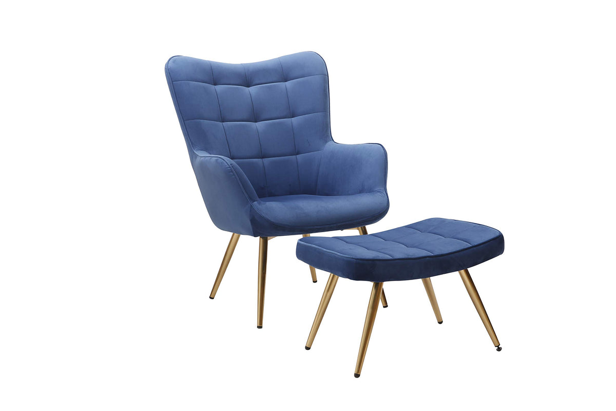 Velvet Chair and Ottoman Set in Navy Blue