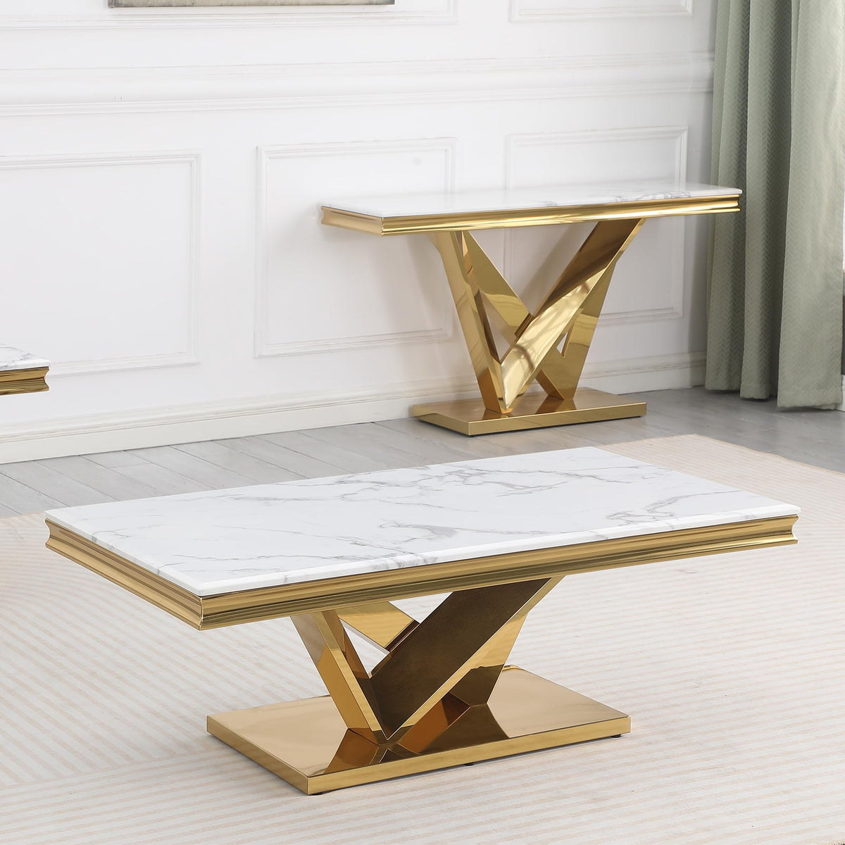 Thiago Contemporary White Rectangular Stone Coffee Table in Gold - front view