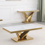 Thiago Contemporary White Rectangular Stone Coffee Table in Gold - front view