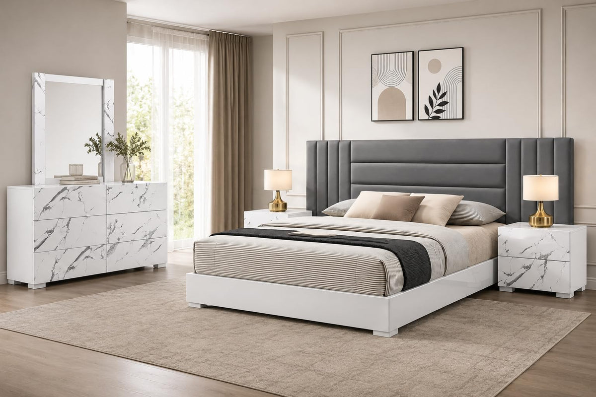 Velasca 5-piece bedroom set in white gloss and gray