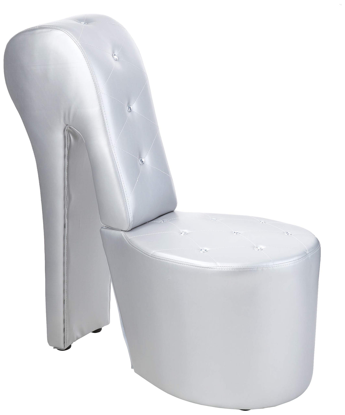 High Heel Faux Leather Shoe Chair with Crystal Studs in Silver