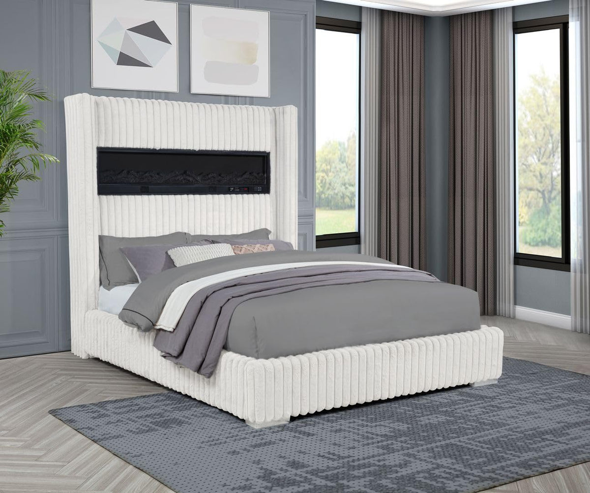 Uphoria Rabbit Velvet Upholstered Bed Frame, California King, Vertical Chanel Design in Cream - detail view